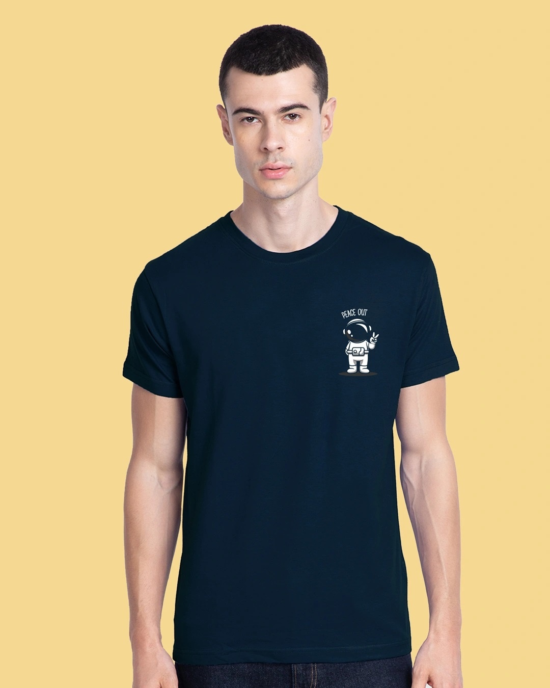 Shop Peace Out Astronaut Half Sleeve T-Shirt Navy Blue-Front