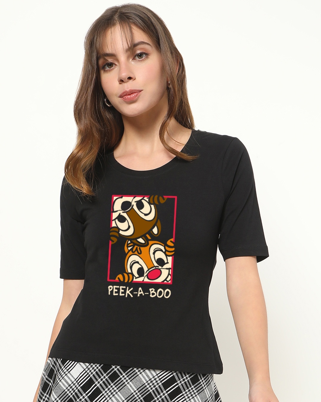 Shop Peek - A - Bros (DL) Women's Elbow Sleeve Round Neck T-shirt-Front