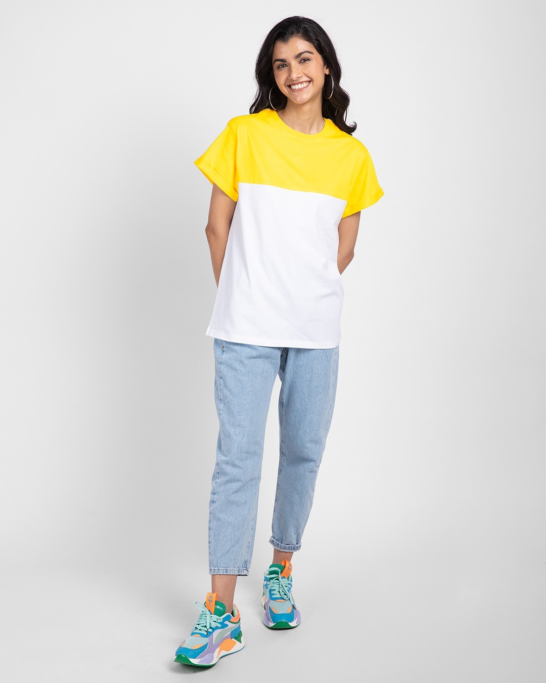 Shop Pineapple Yellow- White Color Block Boyfriend T-shirt-Full