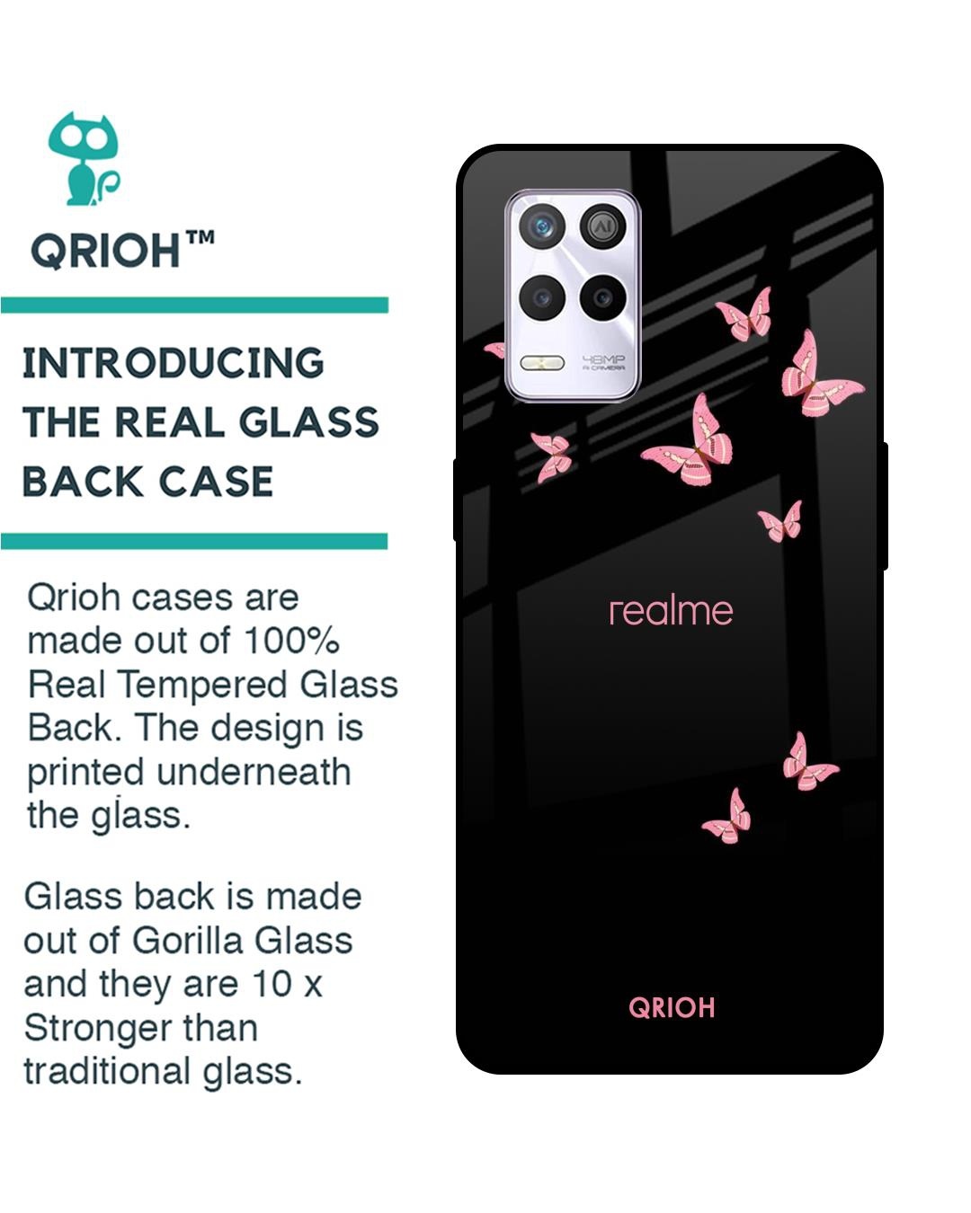 Shop Pink Butterfly Printed Premium Glass Cover for Realme 9 5G (Shock Proof, Scratch Resistant)-Back