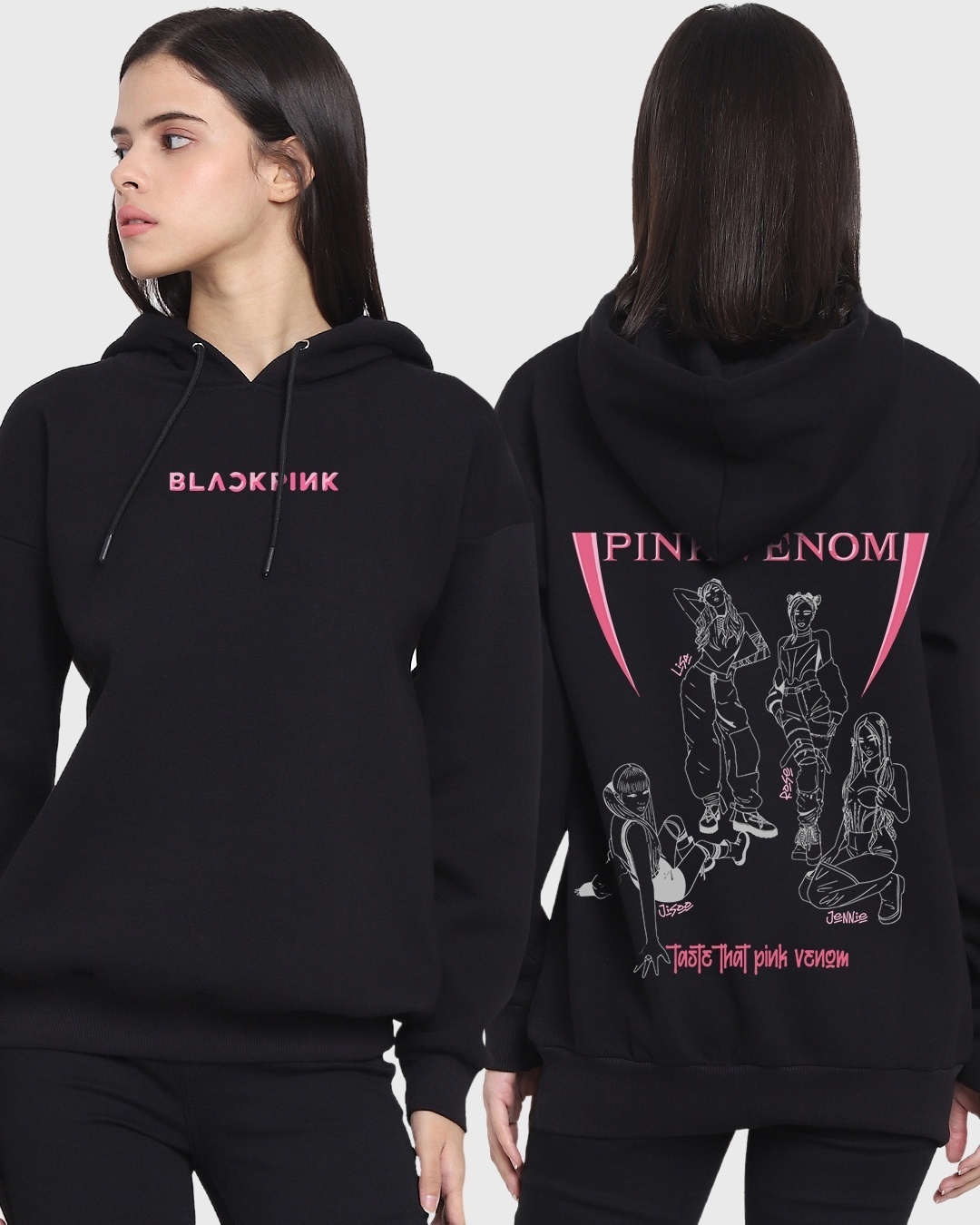 Shop Women's Black Pink Venom Graphic Printed Oversized Hoodie Sweatshirt-Front