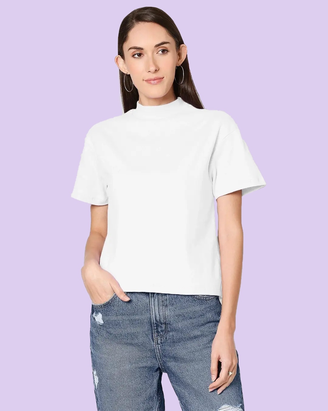 Shop Plain Half Sleeves Turtle Neck T-Shirt-Front
