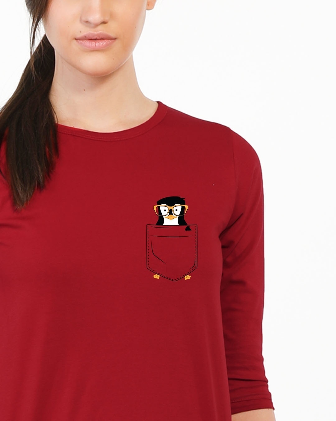 Shop Pocket Penguin Round Neck 3/4th Sleeve T-Shirt-Front
