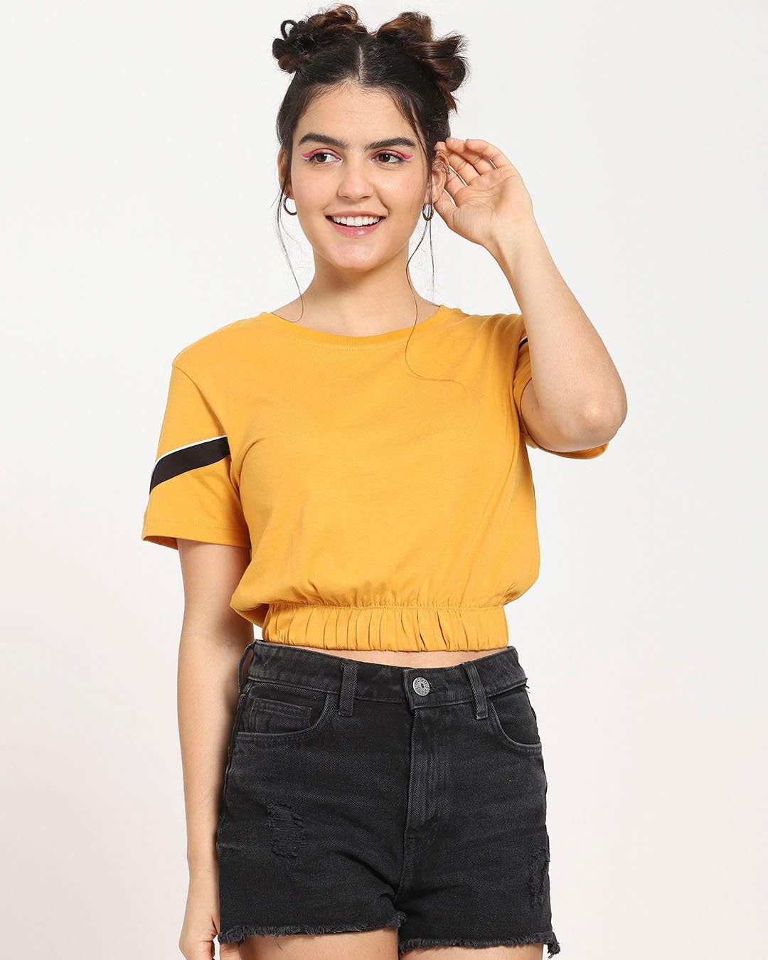 Shop Popcorn Yellow Sleeve Stripe Short Top For Women's-Back