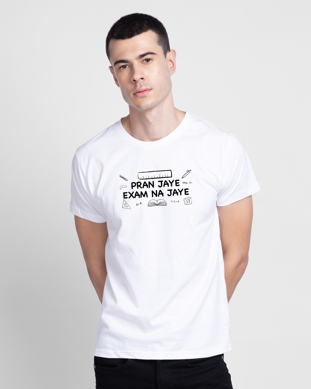 Shop Pran Aur Exams Half Sleeve T-Shirt White-Front
