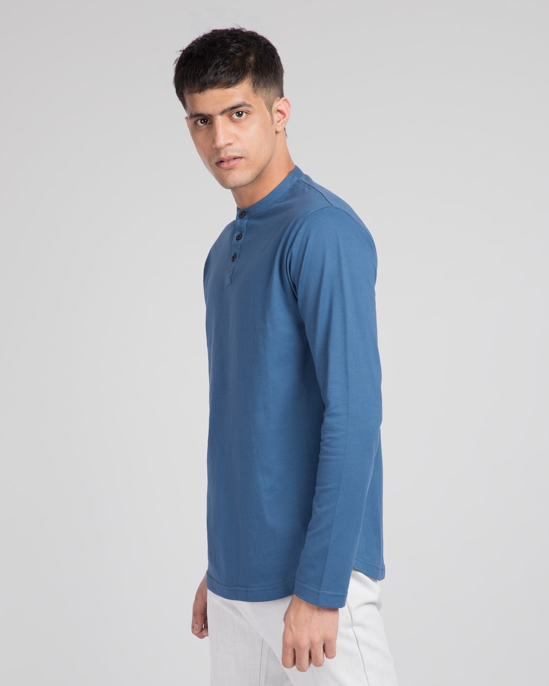 Shop Prussian Blue Full Sleeve Henley T-Shirt-Back