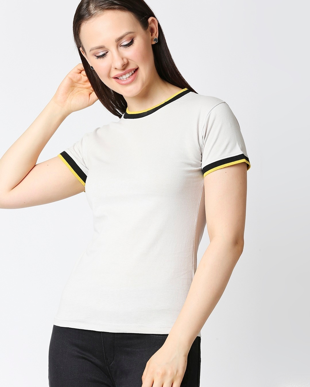 Shop Quiet Grey Women Half sleeve Plain Rib T-Shirt-Front