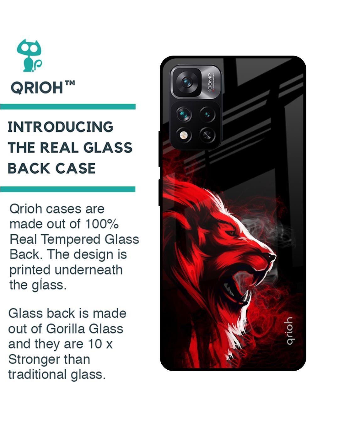 Shop Red Angry Lion Printed Premium Glass Cover For Mi 11i (Impact Resistant, Matte Finish)-Back