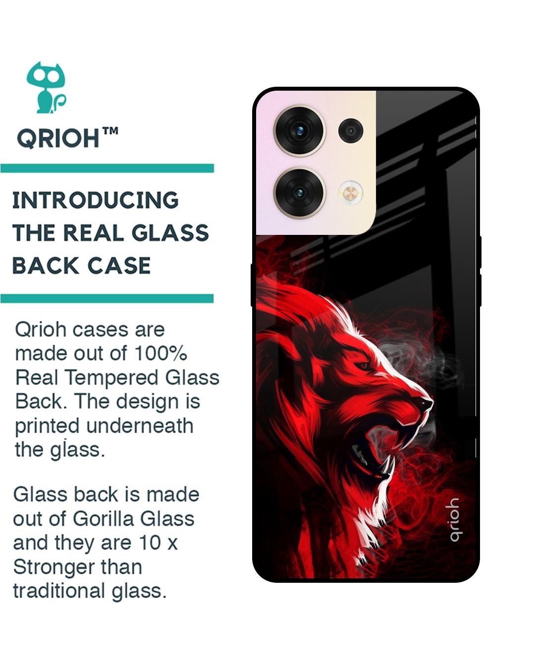 Shop Red Angry Lion Printed Premium Glass Cover for Oppo Reno8 5G (Shock Proof, Scratch Resistant)-Back
