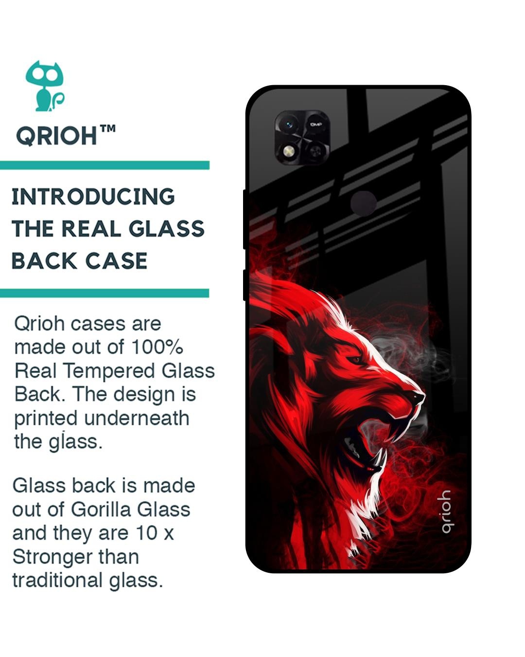 Shop Red Angry Lion Printed Premium Glass Cover For Redmi 10A (Impact Resistant, Matte Finish)-Back