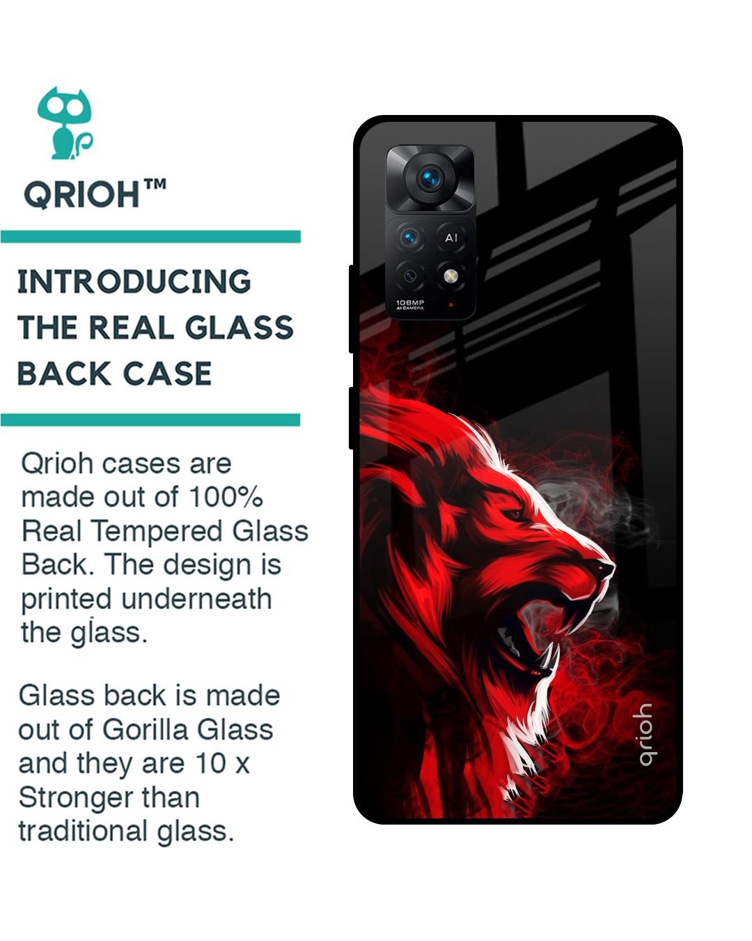 Shop Red Angry Lion Printed Premium Glass Cover For Redmi Note 11 Pro 5G (Impact Resistant, Matte Finish)-Back