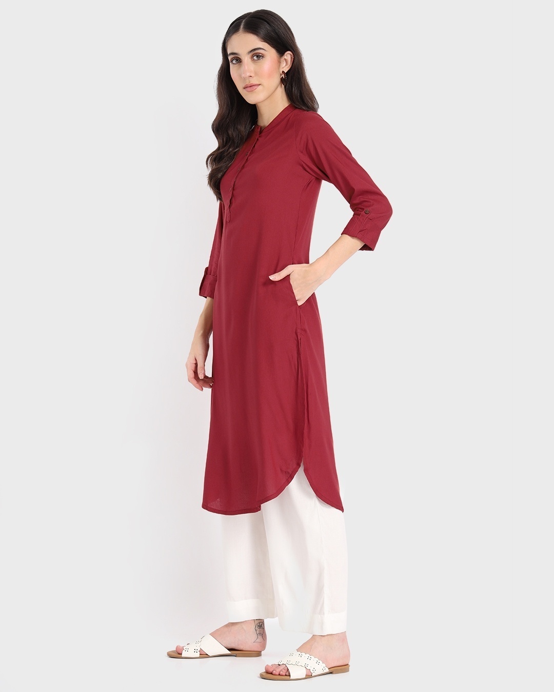 Shop Women's Red Dahlia Mandarin Collar 3/4th Sleeve Long Kurta-Back