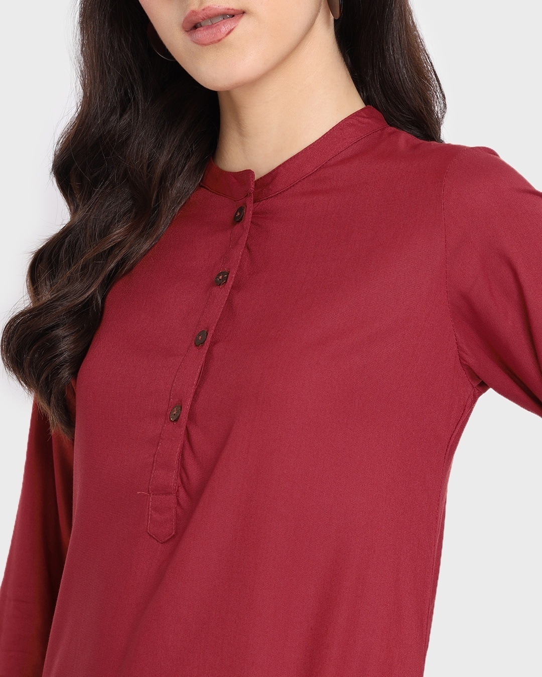 Shop Women's Red Dahlia Mandarin Collar 3/4th Sleeve Long Kurta-Full