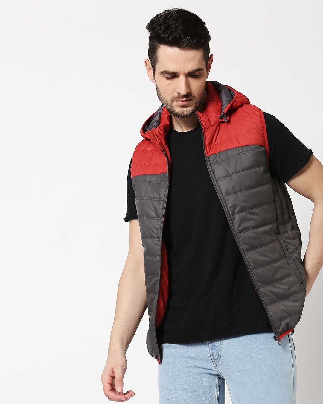 Shop Red & Grey Two Block Vest Puffer Jacket with Detachable Hoodie-Front