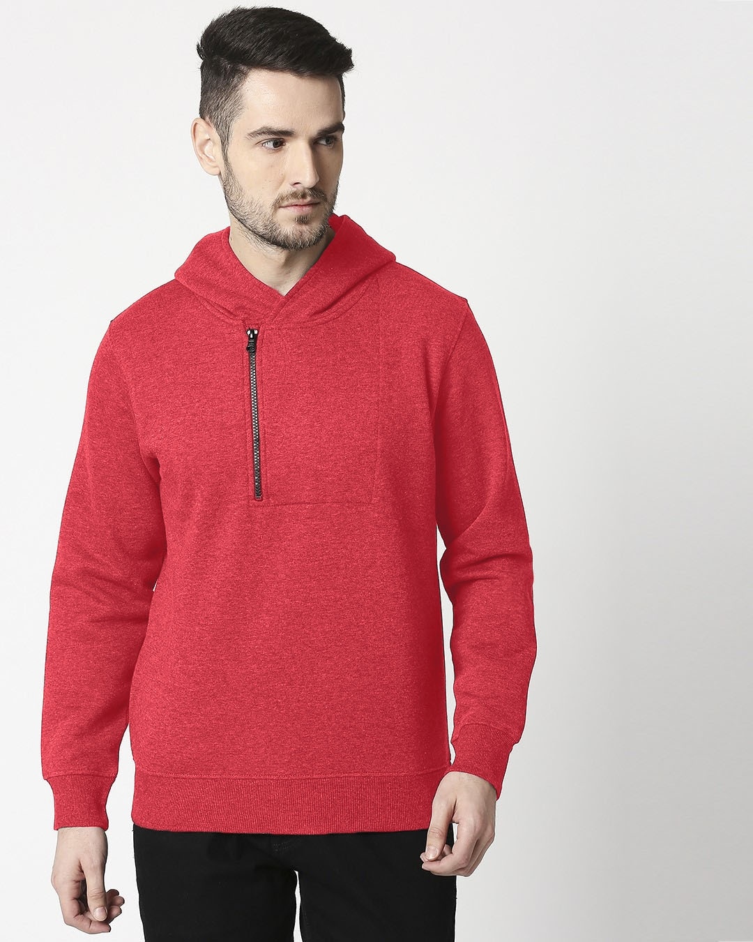 Shop Red Melange Stylised Zip Panel Hoodie Sweatshirt-Back