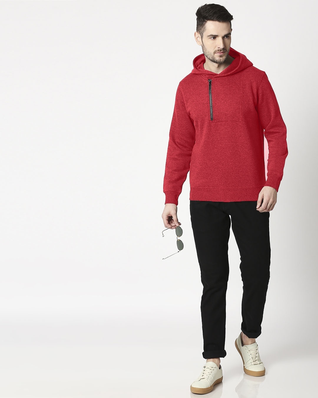 Shop Red Melange Stylised Zip Panel Hoodie Sweatshirt