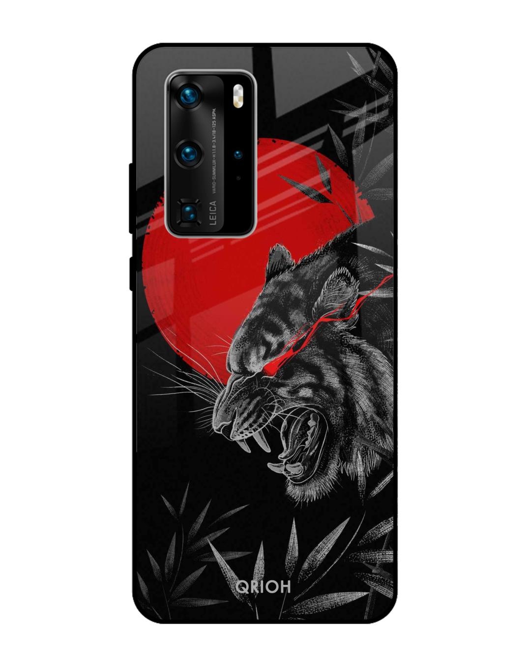 Shop Red Moon Tiger Printed Premium Glass Cover For Huawei P40 Pro (Impact Resistant, Matte Finish)-Front