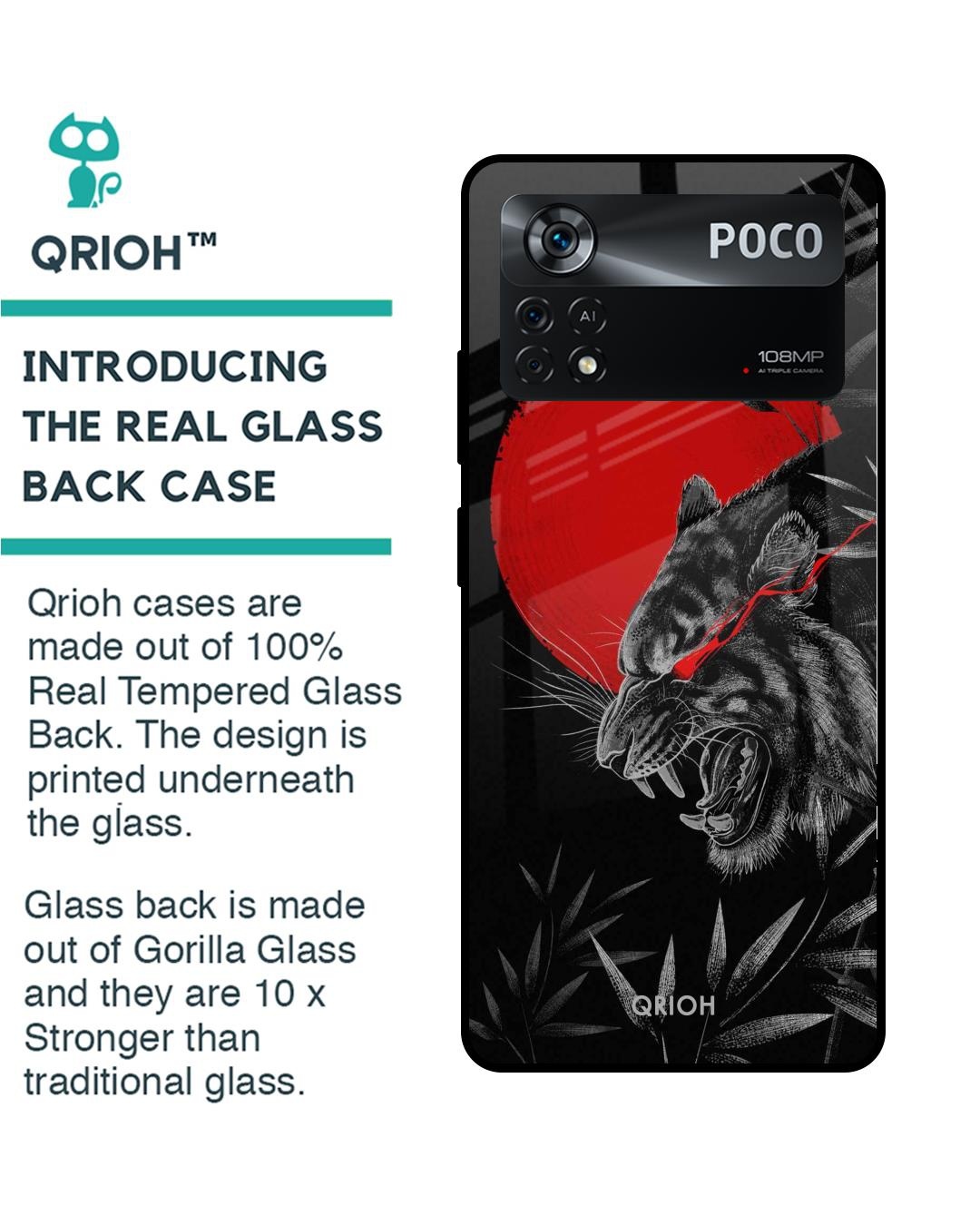 Shop Red Moon Tiger Printed Premium Glass Cover for Poco X4 Pro 5G (Shock Proof, Scratch Resistant)-Back