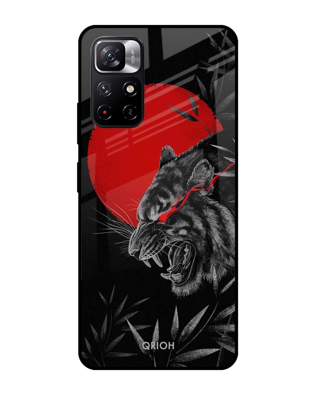Shop Red Moon Tiger Printed Premium Glass Cover For Redmi Note 11T 5G (Impact Resistant, Matte Finish)-Front