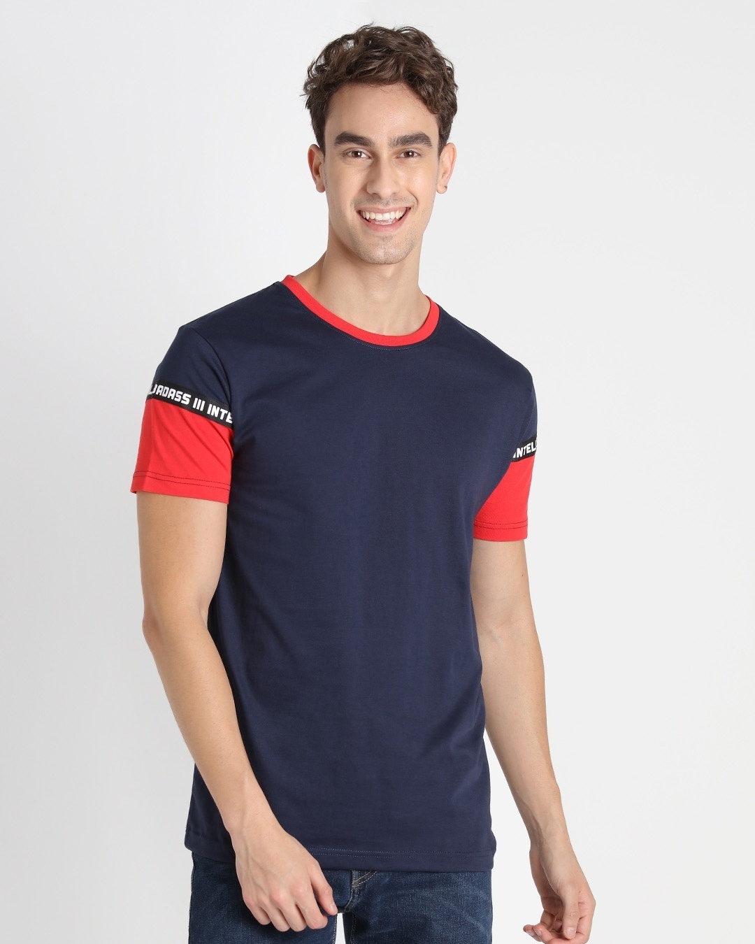 Shop Retro Red Color Block Sleeve T-Shirt-Back