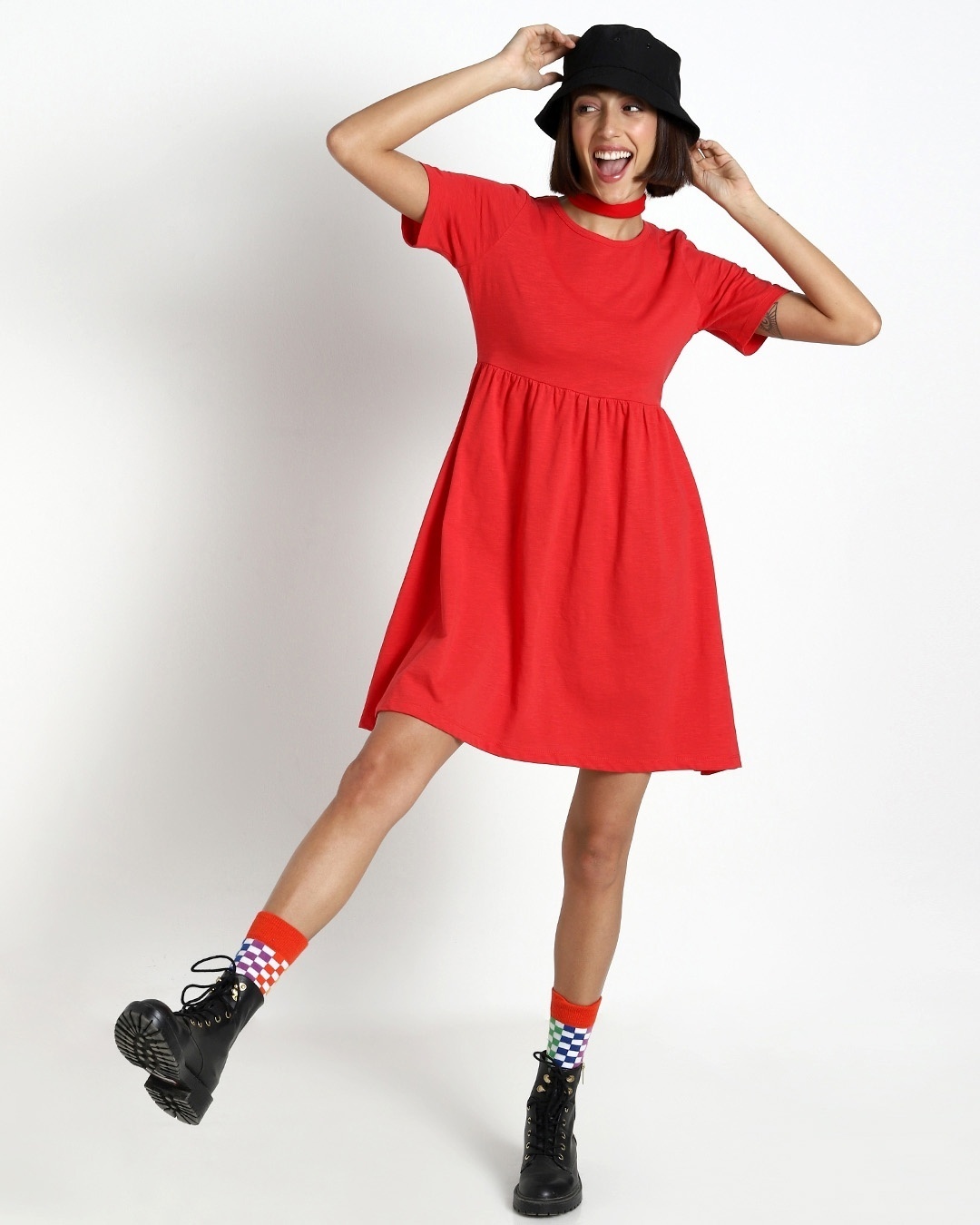 Shop Retro Red Slub Flared Dress-Front