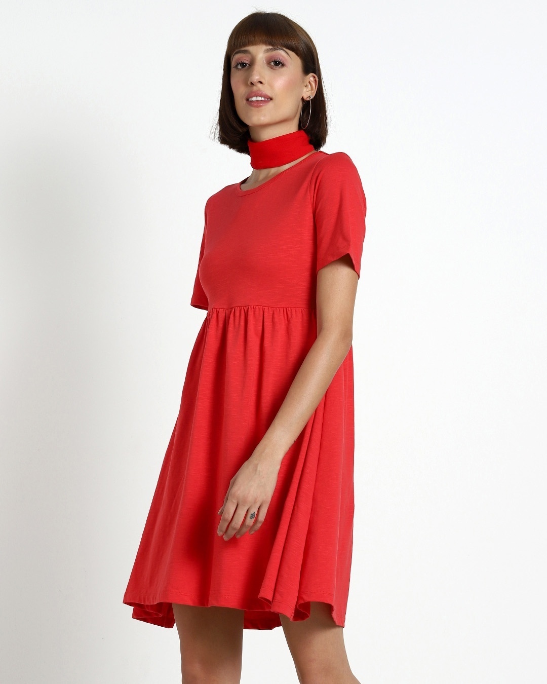 Shop Retro Red Slub Flared Dress-Design