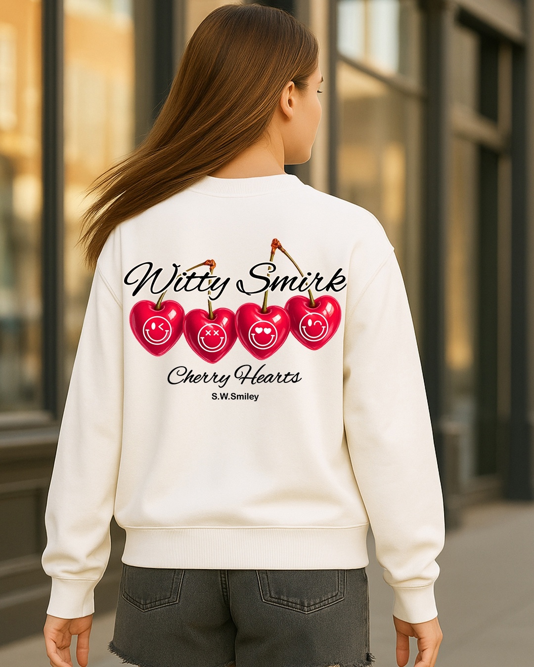S.W.Smiley Women's Beige Cherry Heart Graphic Printed Oversized Sweatshirt