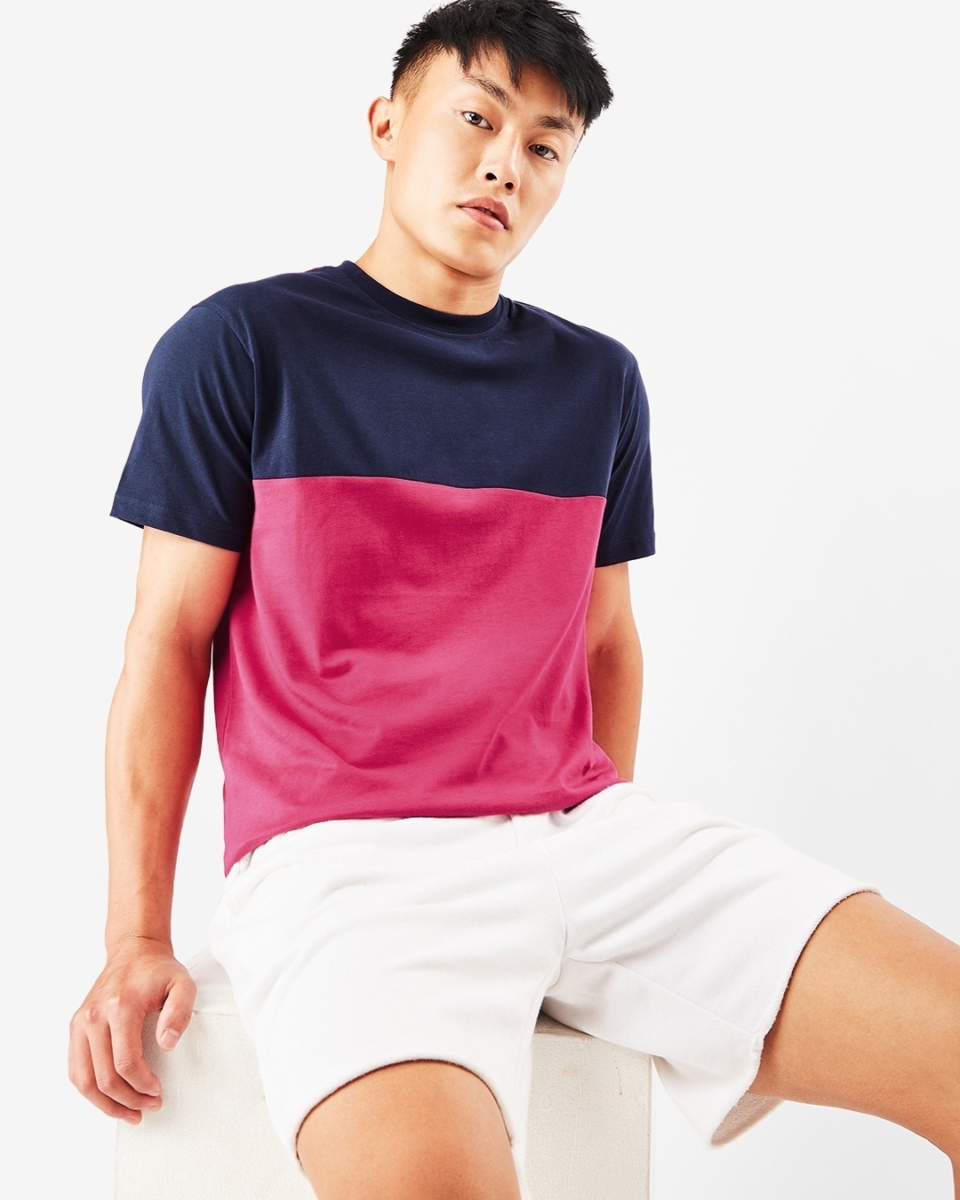 Shop Men's Pink & Blue Color Block Plus Size T-shirt-Front