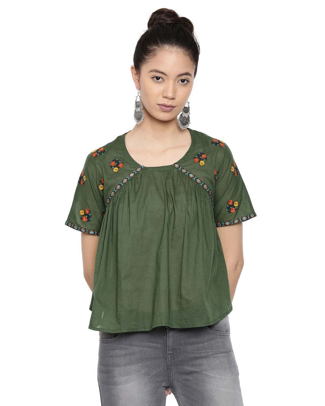 Shop Scoop Neck Green Flared Top With Embroidery for Women's-Front