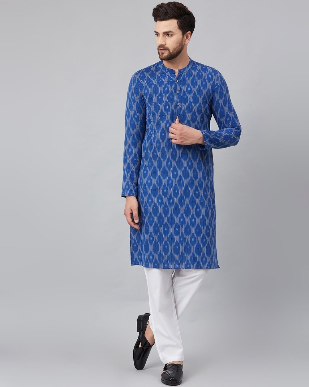 Shop Men Blue & Grey Ikat Woven Design Straight Kurta-Front