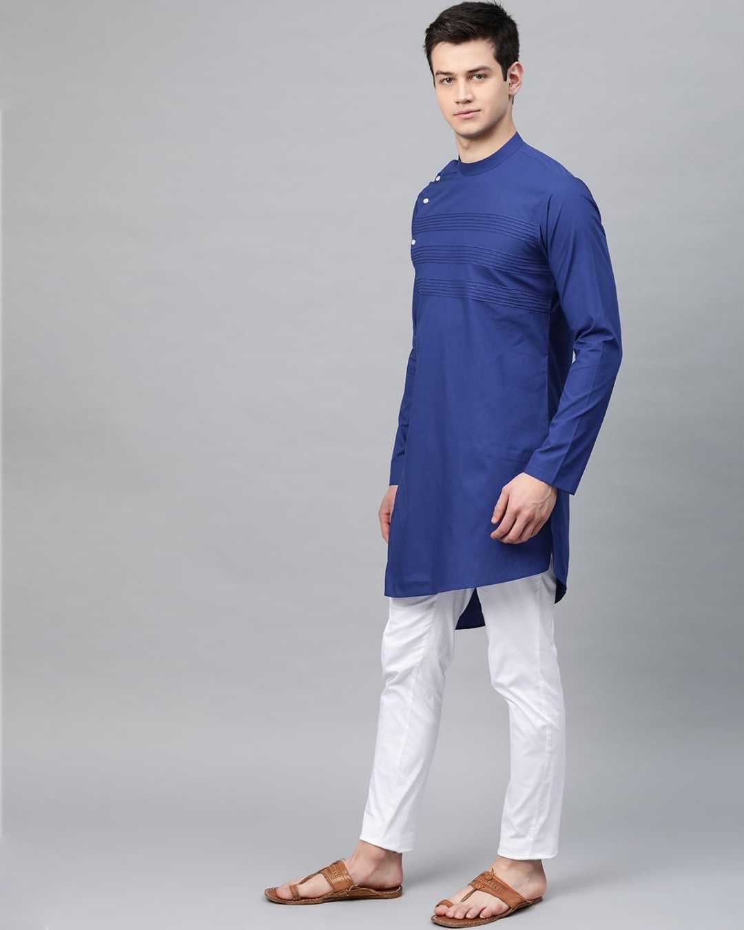 Shop Royal Blue Solid Straight Kurta With Yoke Thread Work-Design