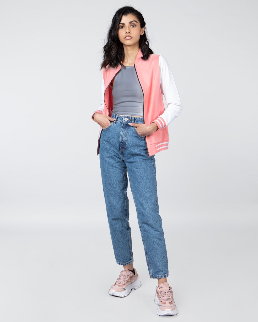 Shop Silver Pink Varsity Plain Bomber Jacket