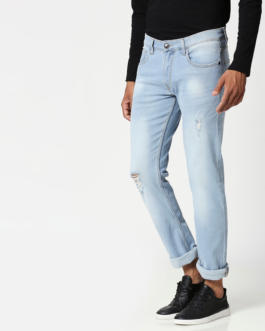 Shop Slate Blue Distressed Mid Rise Stretchable Men's Jeans-Back