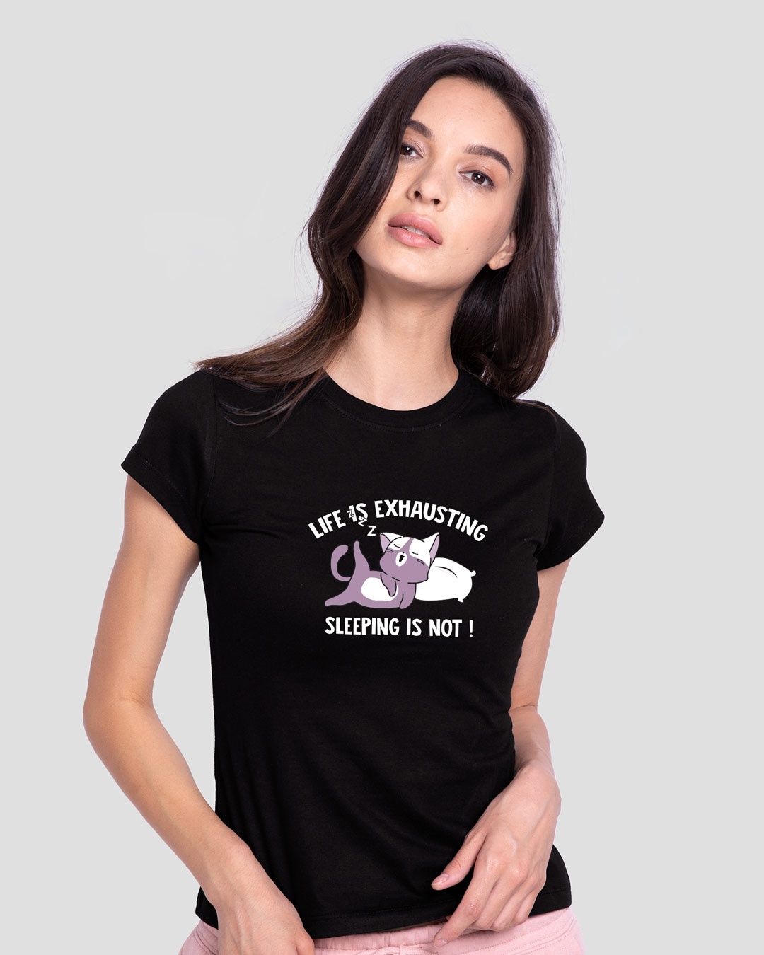 Shop Women's Black Sleepy Cat Graphic Printed Slim Fit T-shirt-Back