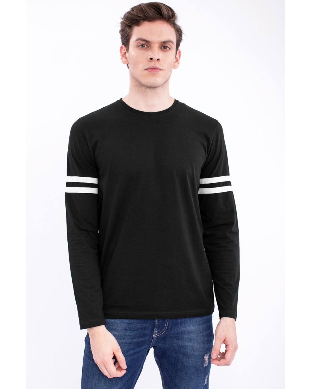 Shop Black Crew Neck Cotton 4 Way Stretch T Shirt-Front