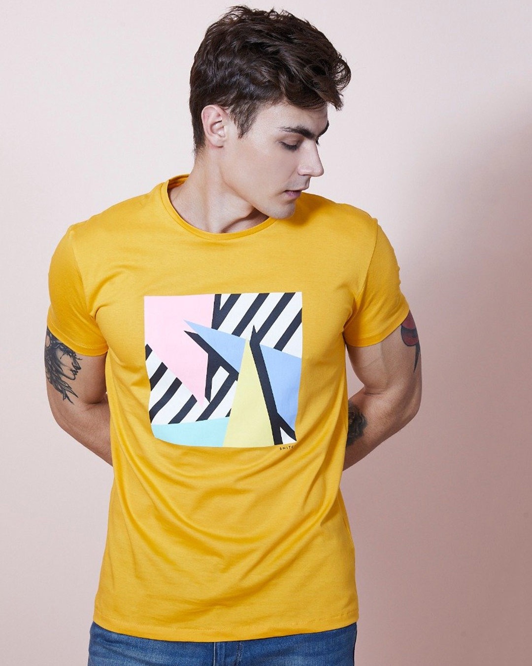 Shop Geometric Mustard Graphic T Shirt-Front