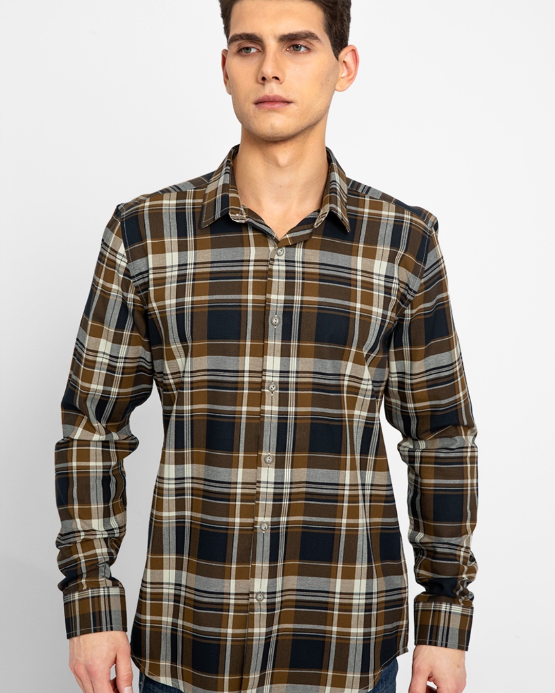 Shop Men's Brown Checked Slim Fit Shirt-Front