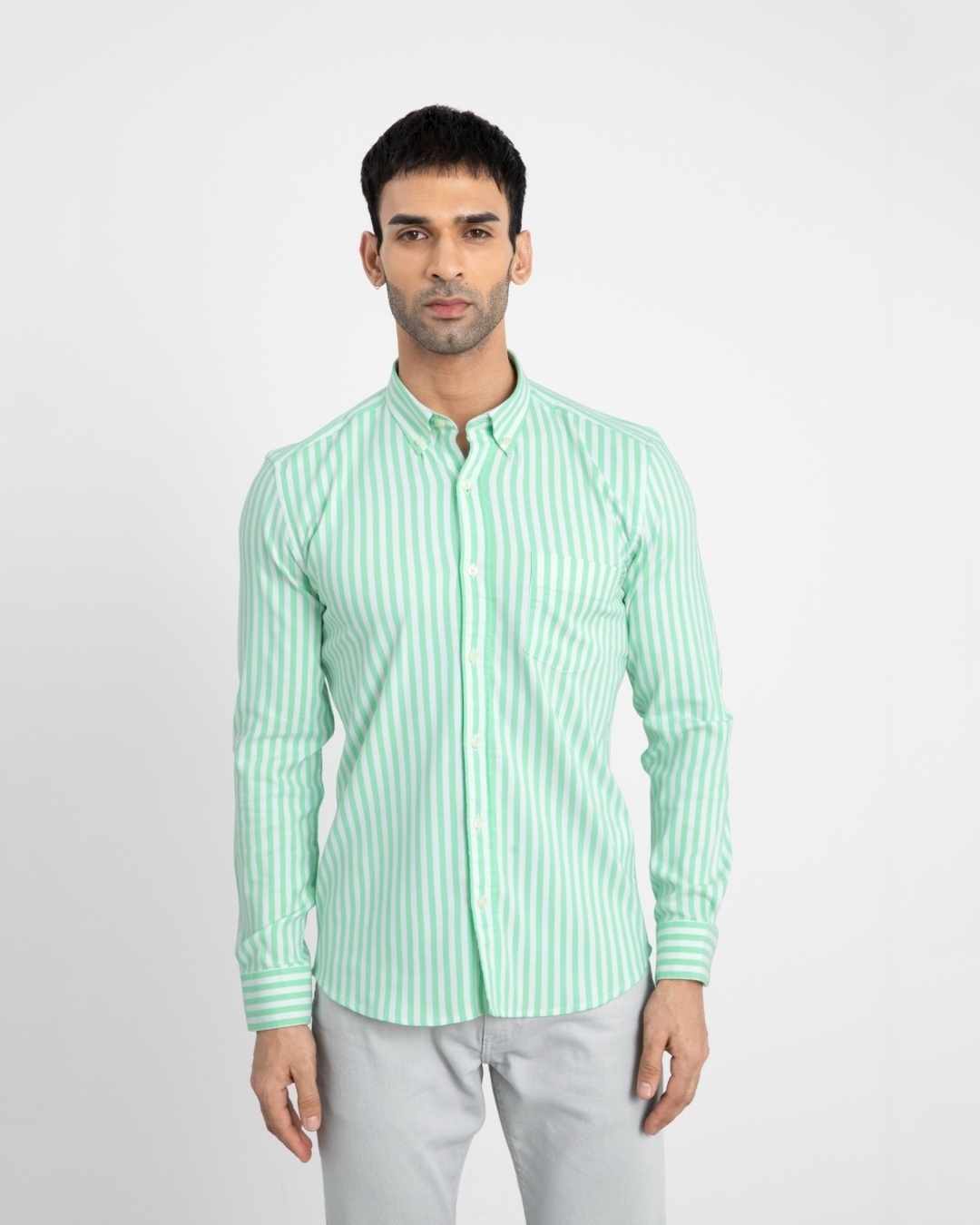 Shop Men's Green Striped Slim Fit Shirt-Front