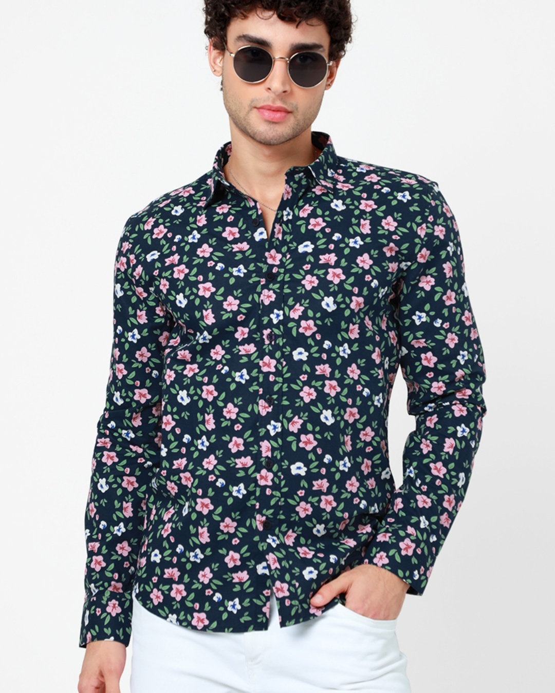 Shop Men's Navy All Over Floral Printed Slim Fit Shirt-Back