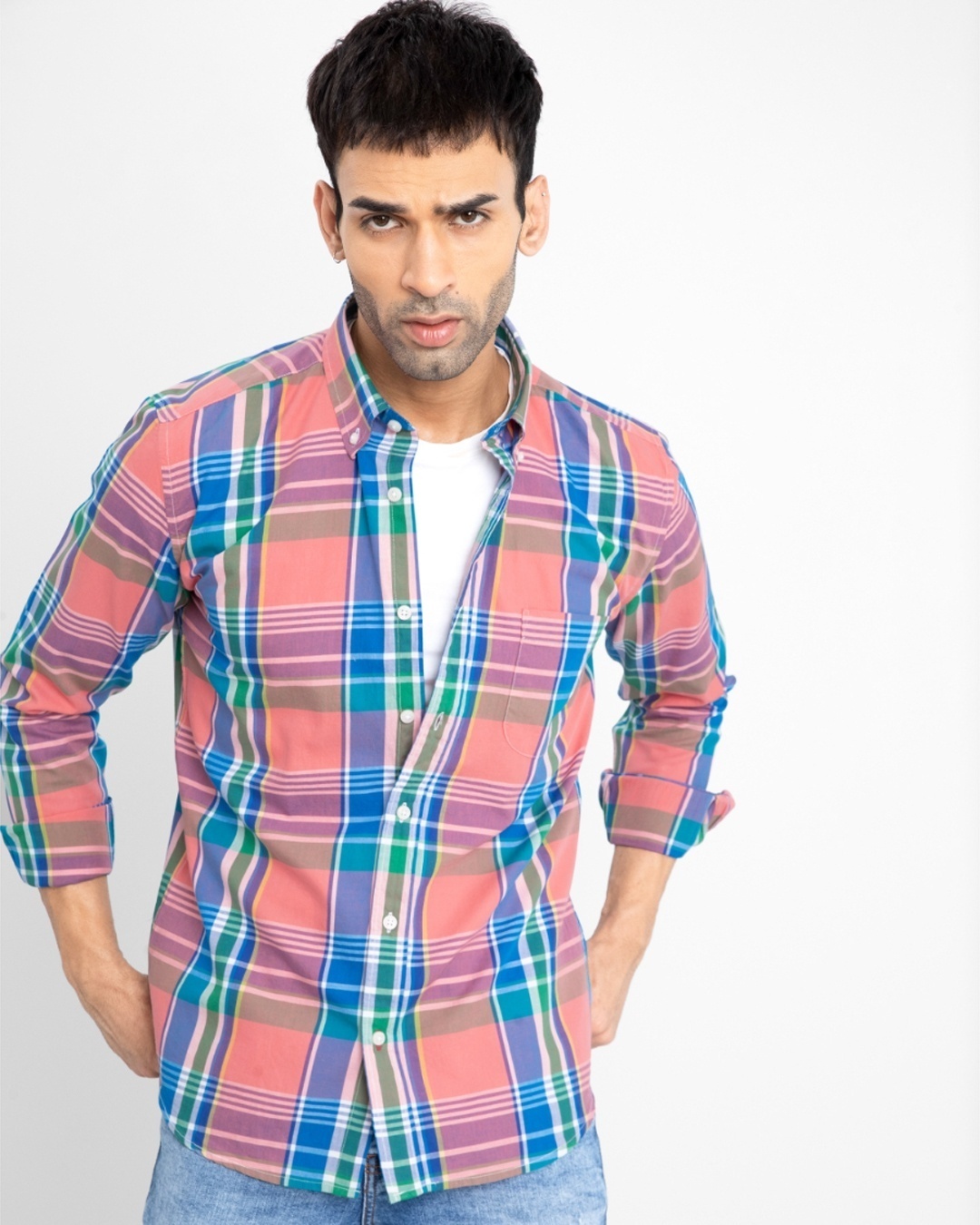 Shop Men's Pink Checked Slim Fit Shirt-Front