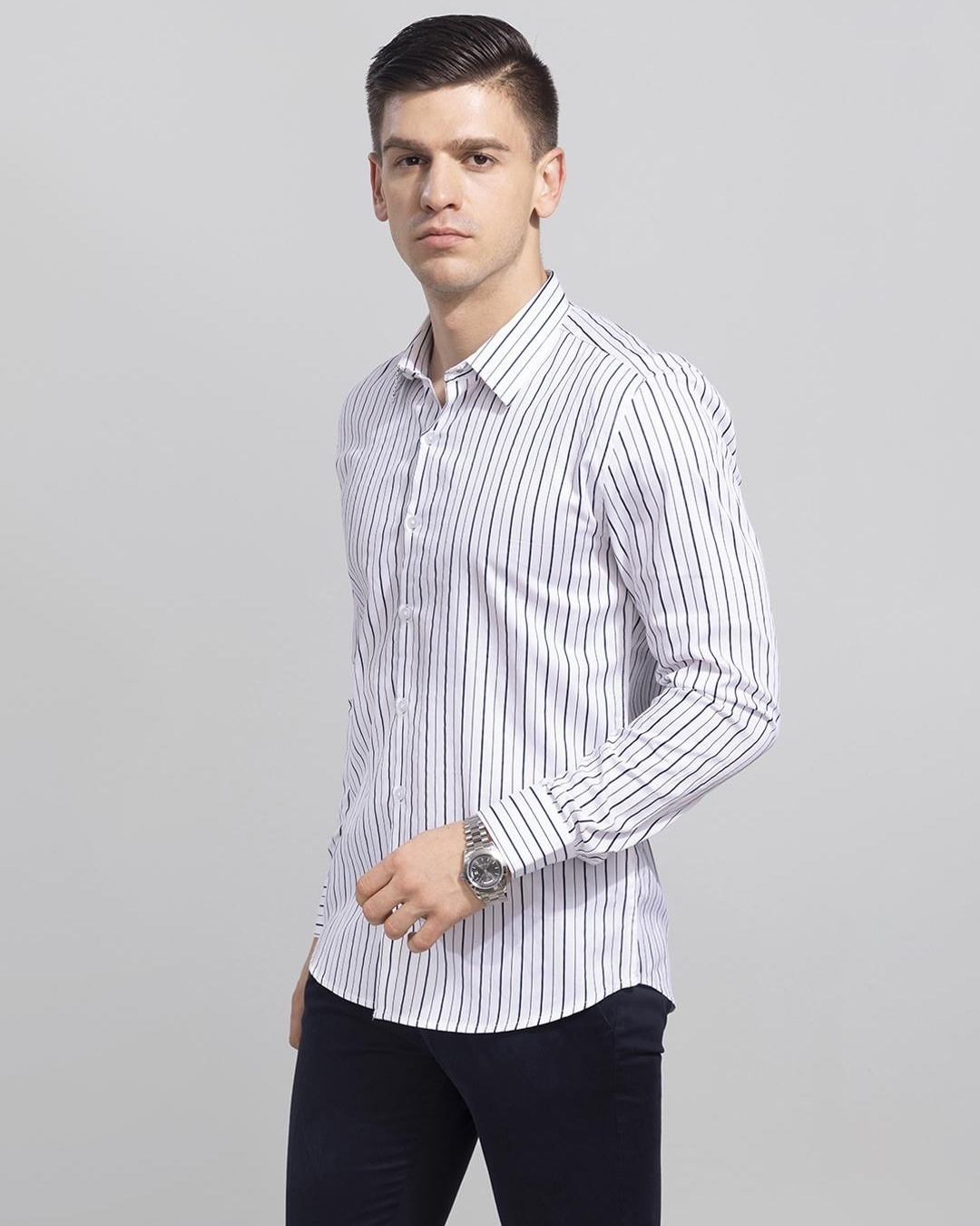 Shop Men's White Sedative Striped Slim Fit Shirt-Front