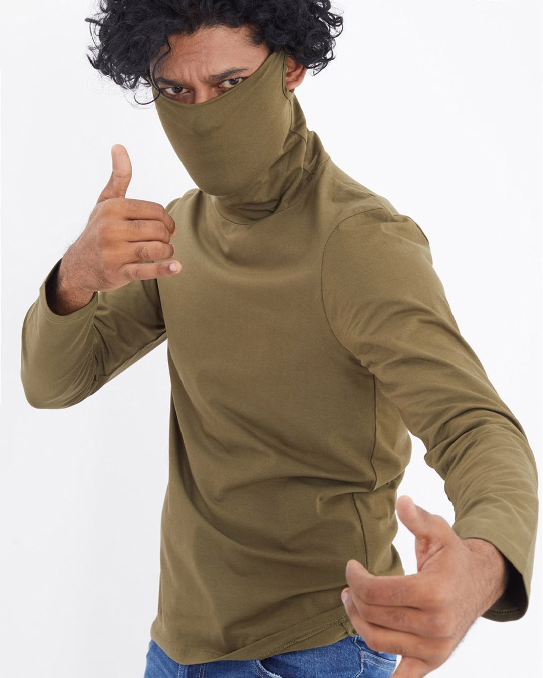Shop Military Green Full Sleeves T Shirt With Face Cover-Front