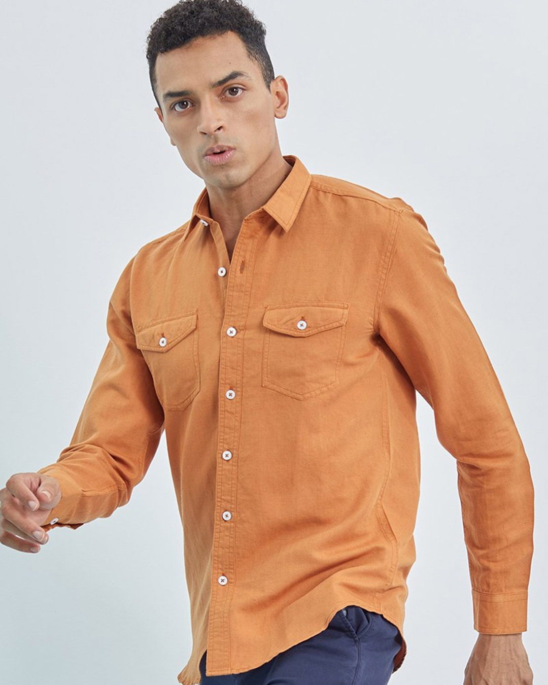 Shop Mustard Double Pocket Cotlin Shirt-Front