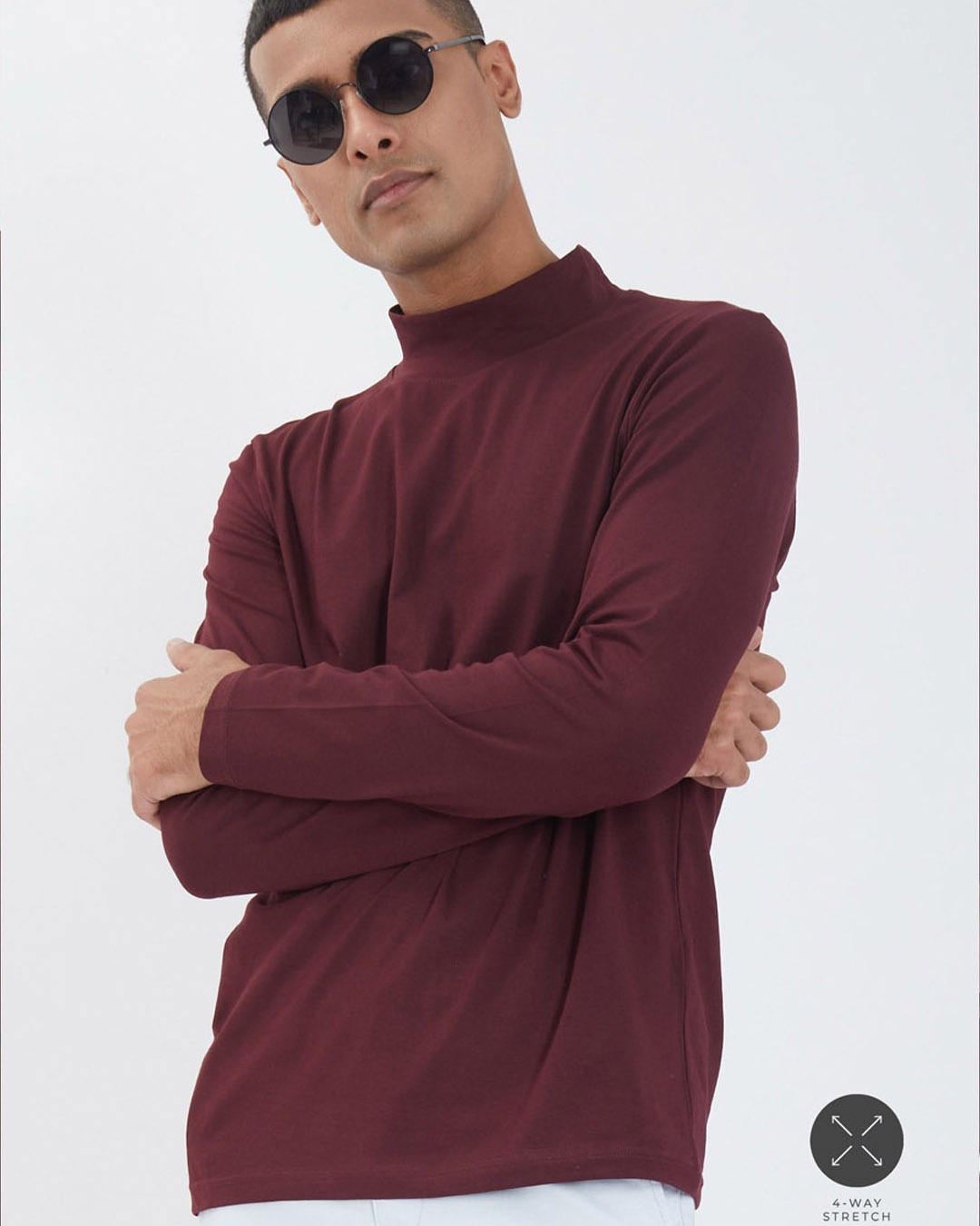 Shop Wine Full Sleeves 4 Way Stretch Turtle Neck T Shirt-Front