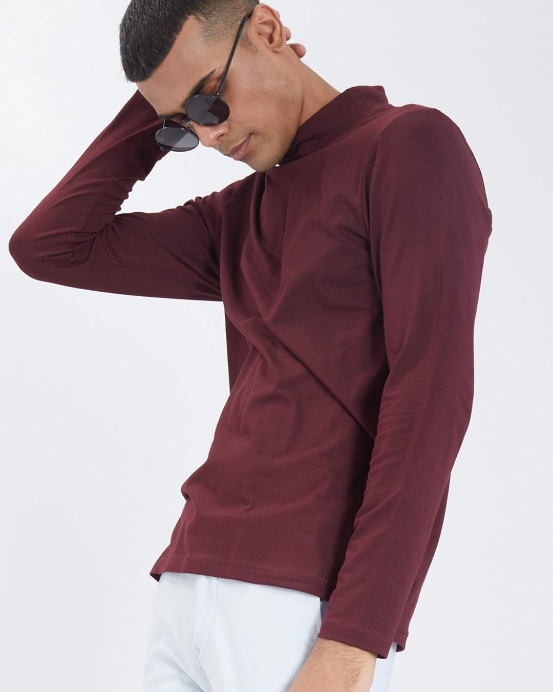 Shop Wine Full Sleeves 4 Way Stretch Turtle Neck T Shirt-Design