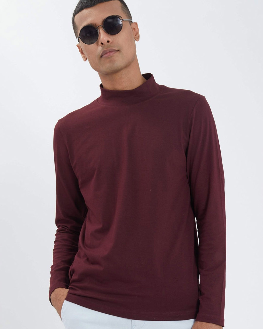 Shop Wine Full Sleeves 4 Way Stretch Turtle Neck T Shirt