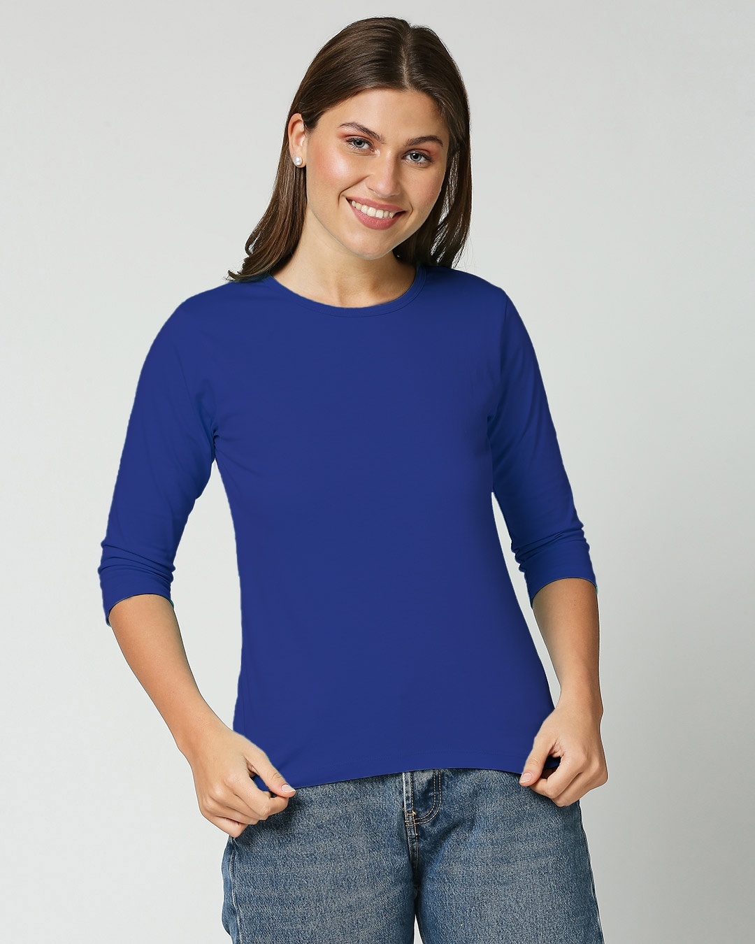 Shop Soda Lite Blue Round Neck 3/4 Sleeve T-shirt For Women's-Front