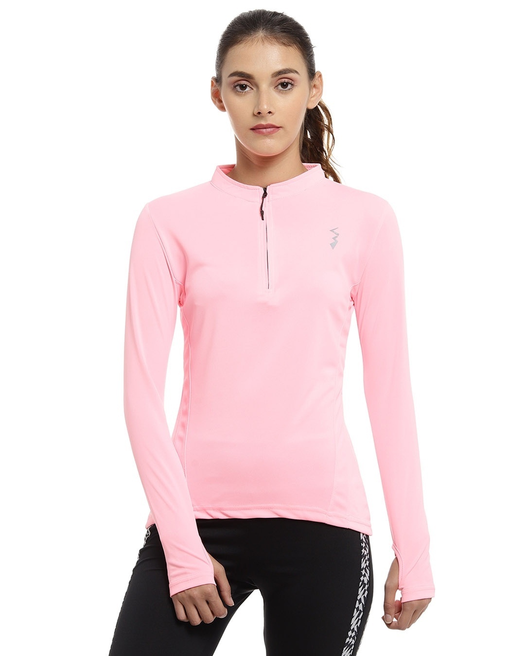 Shop Solid Women Mandarin Collar Stylish Pink Sports T-Shirt-Front