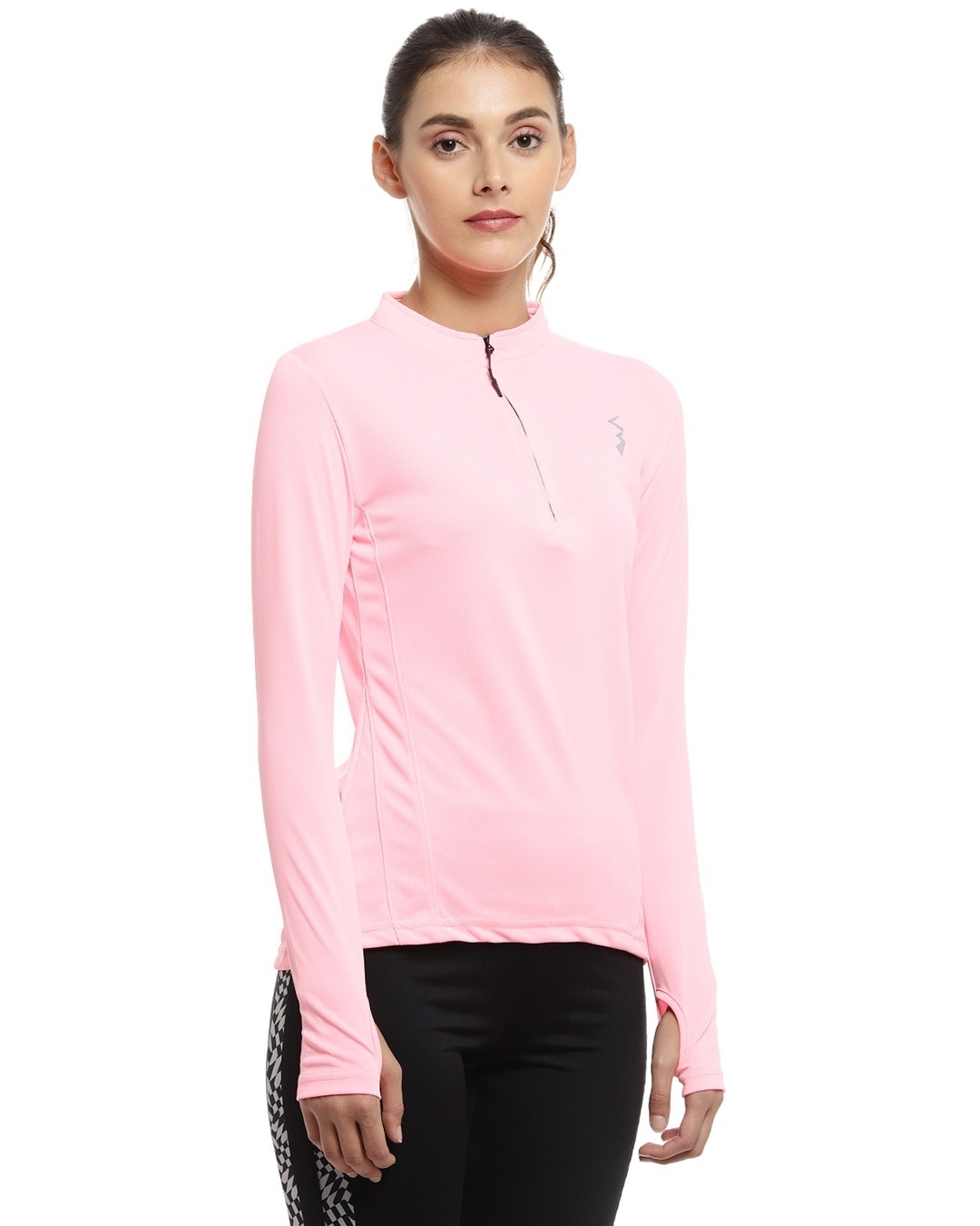 Shop Solid Women Mandarin Collar Stylish Pink Sports T-Shirt-Back
