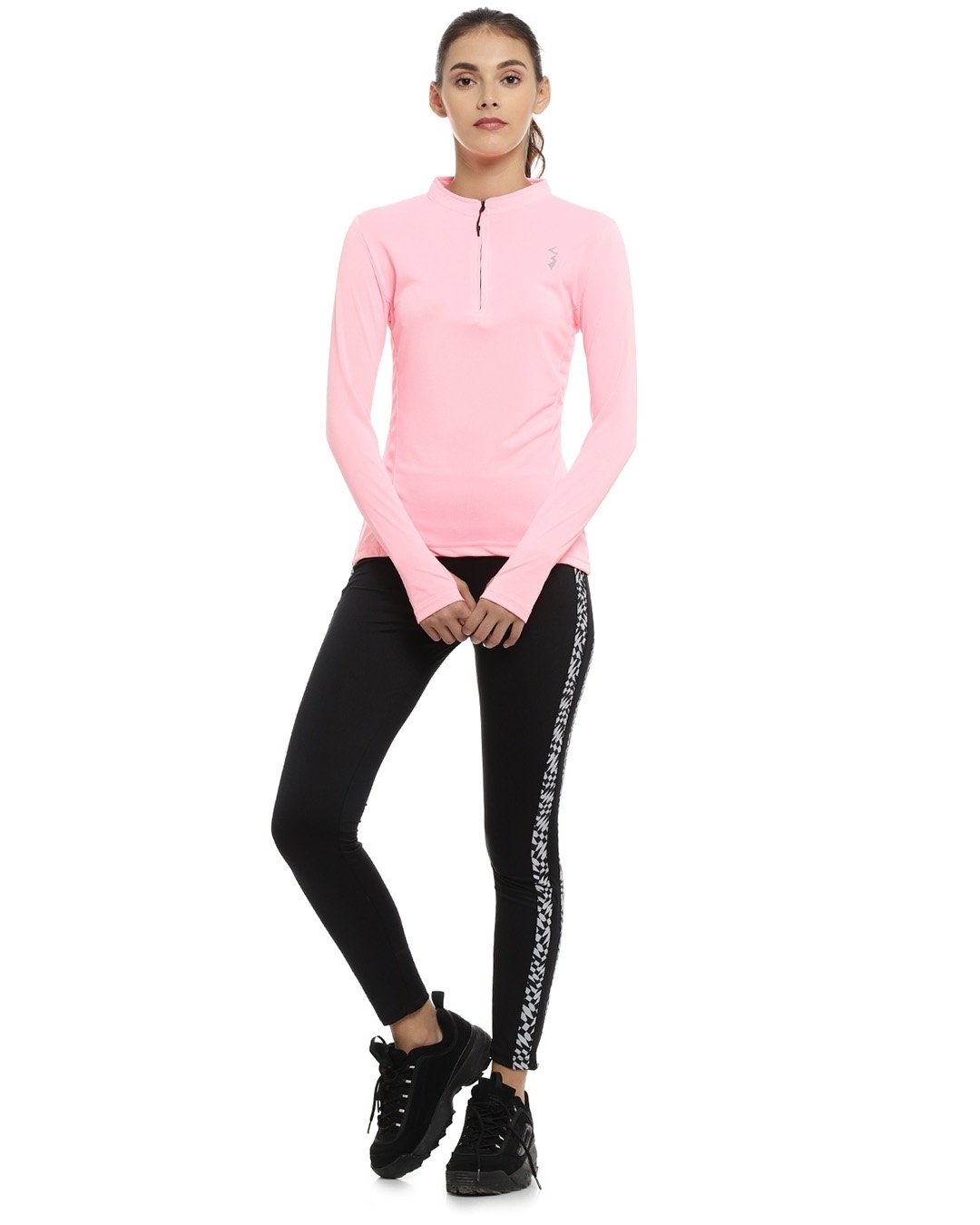 Shop Solid Women Mandarin Collar Stylish Pink Sports T-Shirt-Full